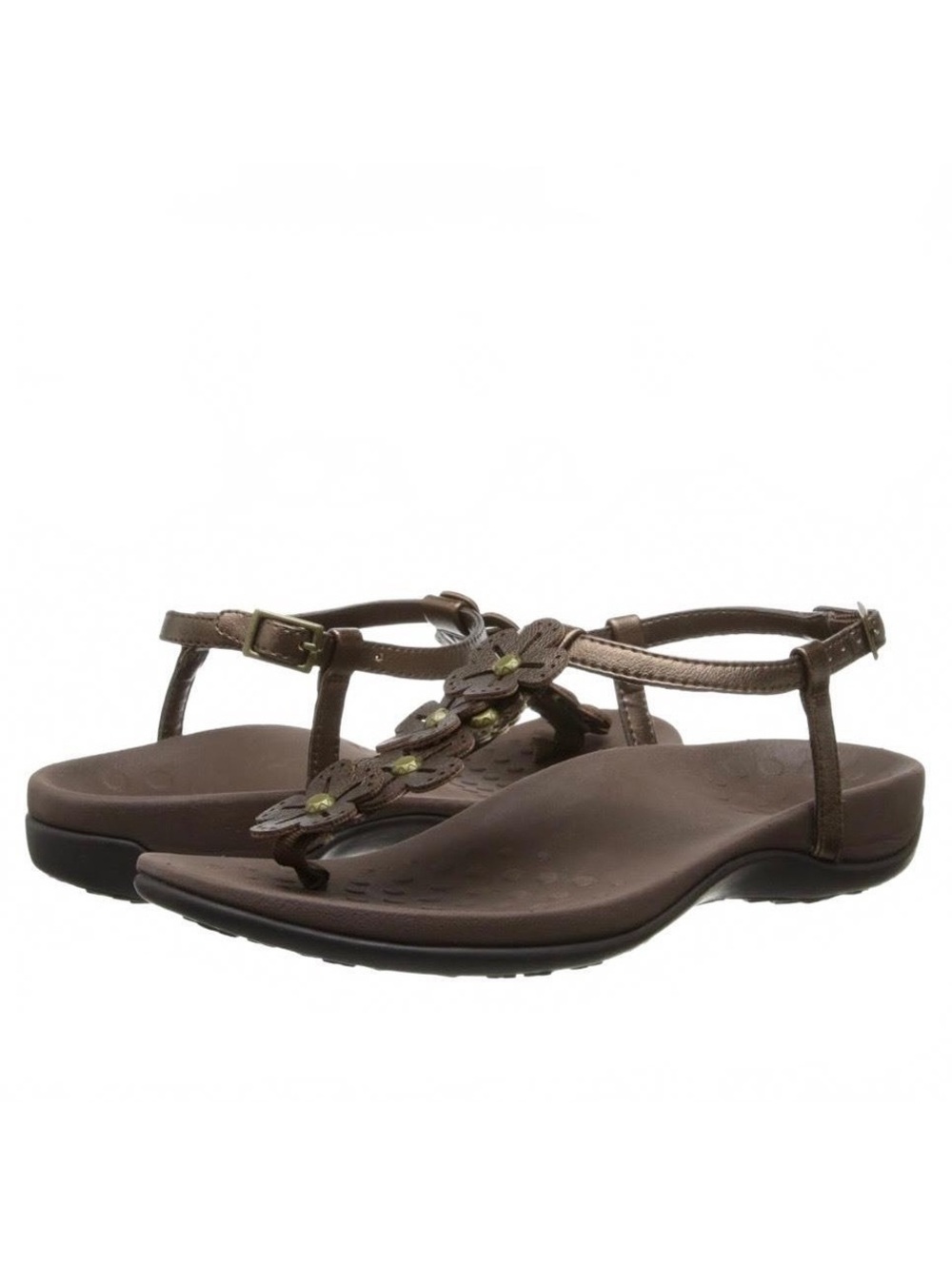 Vionic Julie floral T Strap Cut Out Metallic Bronze Pewter Slingback Sandal 6